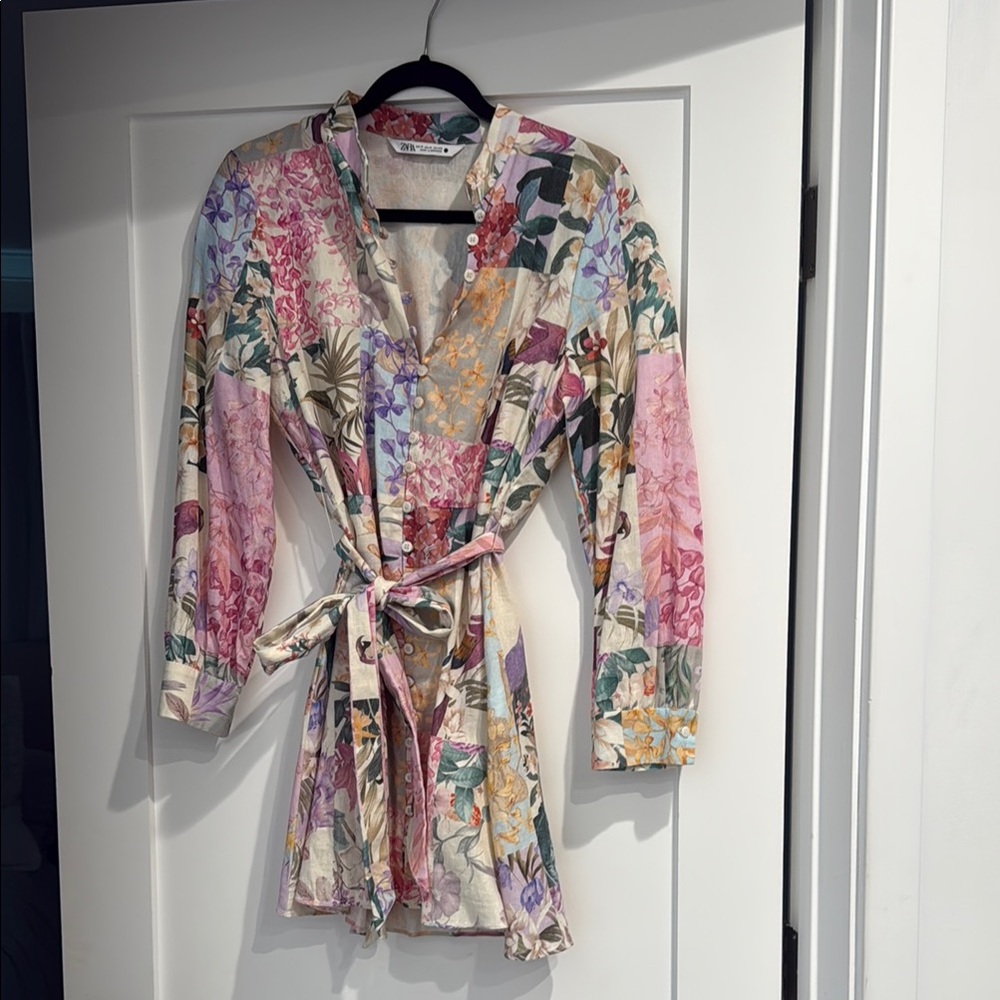 Zara Linen Floral Button Down Dress with Tie Belt M